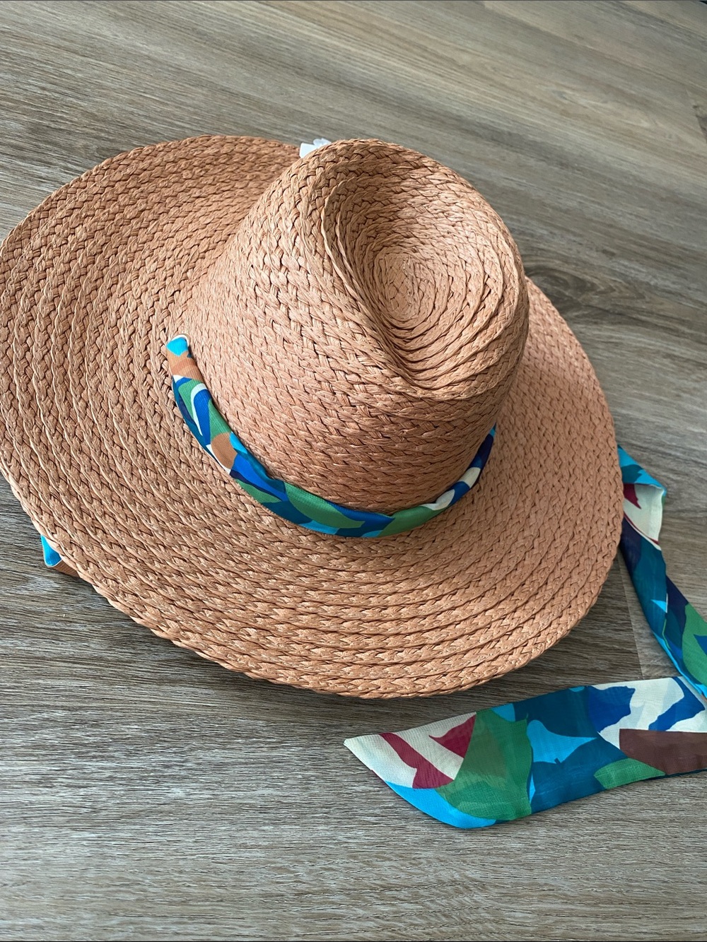 Time and Tru Peach Straw Sun Hat with Multicolor Scarf Band
